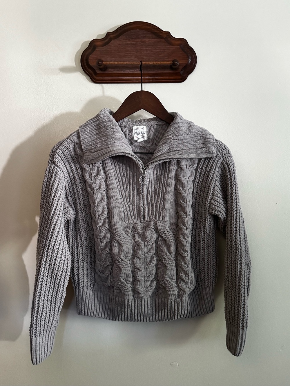 Hippie Rose Gray Cable-Knit Half-Zip Turtleneck Sweater